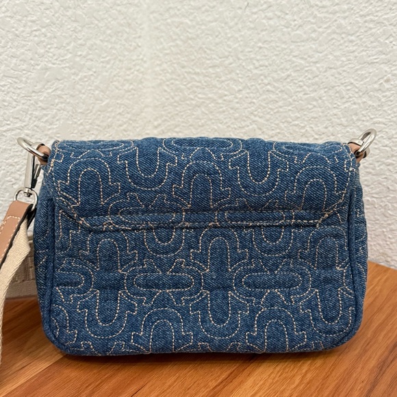 TRUE RELIGION Denim Quilted Horseshoe Wide Strap Coin Purse Flap Crossbody Bag - Picture 4 of 16